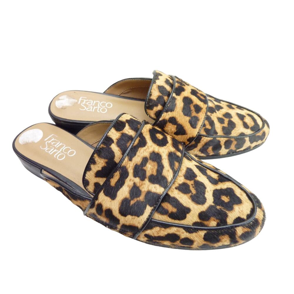 Franco Sarto Leopard Calf Hair Mules Shoes Malesa Cheetah Print Size 7